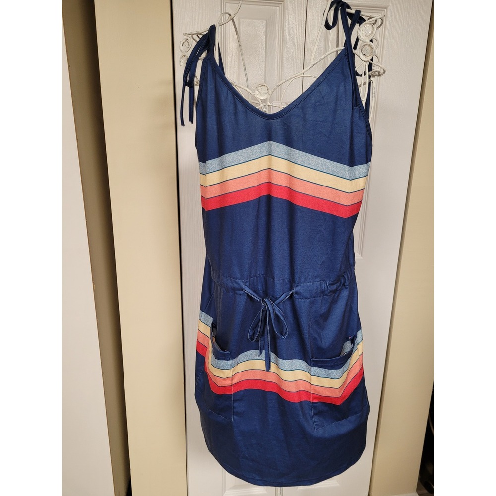 ETCYY NEW Women Navy Blue Rainbow Stripe Ties Indie 70s Mini Sundress Medium NWT
